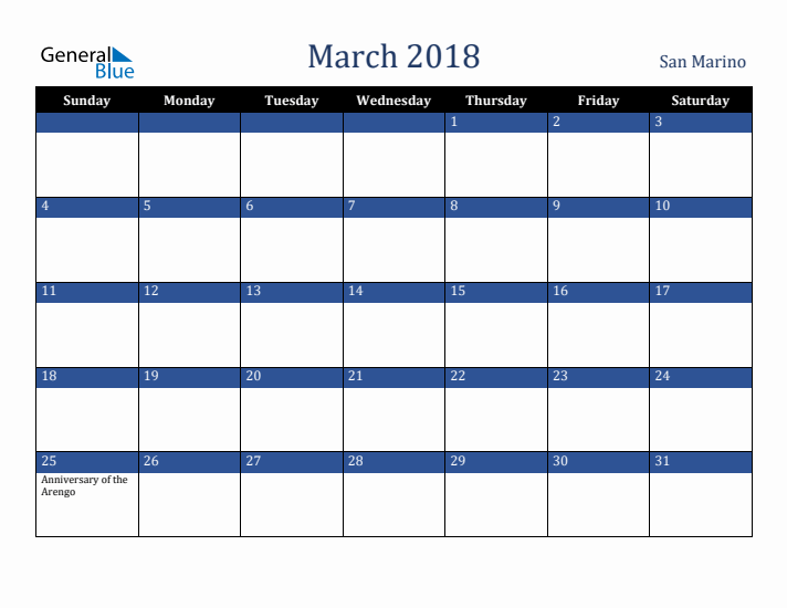March 2018 San Marino Calendar (Sunday Start)