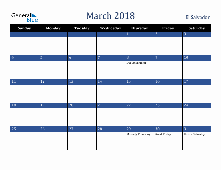 March 2018 El Salvador Calendar (Sunday Start)