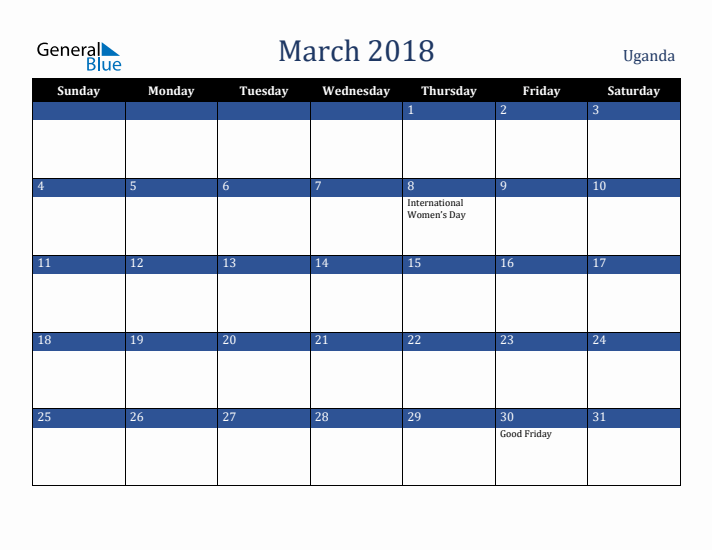 March 2018 Uganda Calendar (Sunday Start)