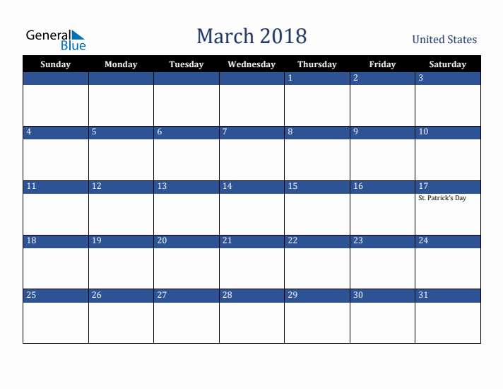 March 2018 United States Calendar (Sunday Start)