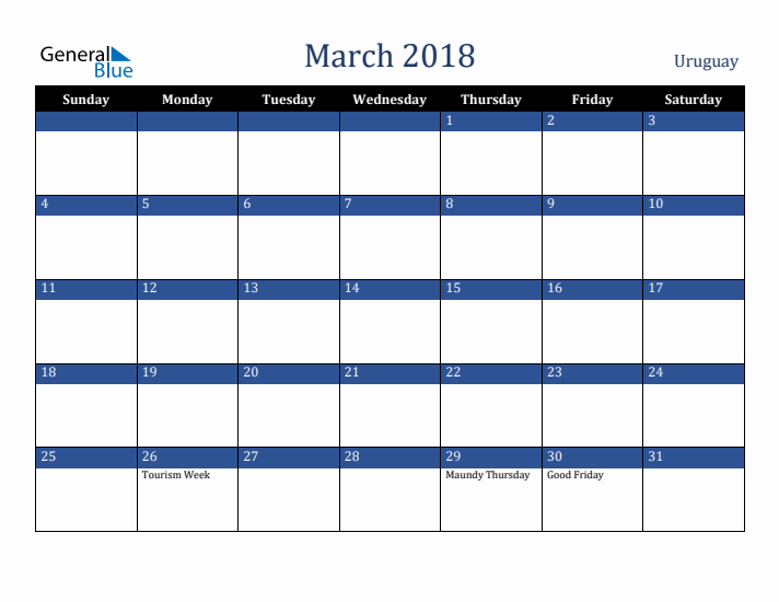 March 2018 Uruguay Calendar (Sunday Start)