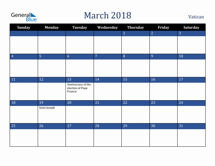 March 2018 Vatican Calendar (Sunday Start)