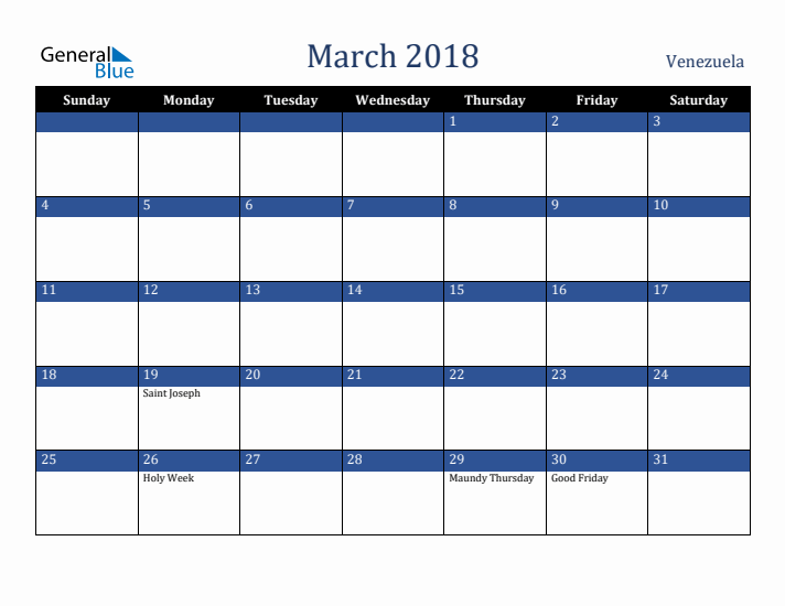 March 2018 Venezuela Calendar (Sunday Start)