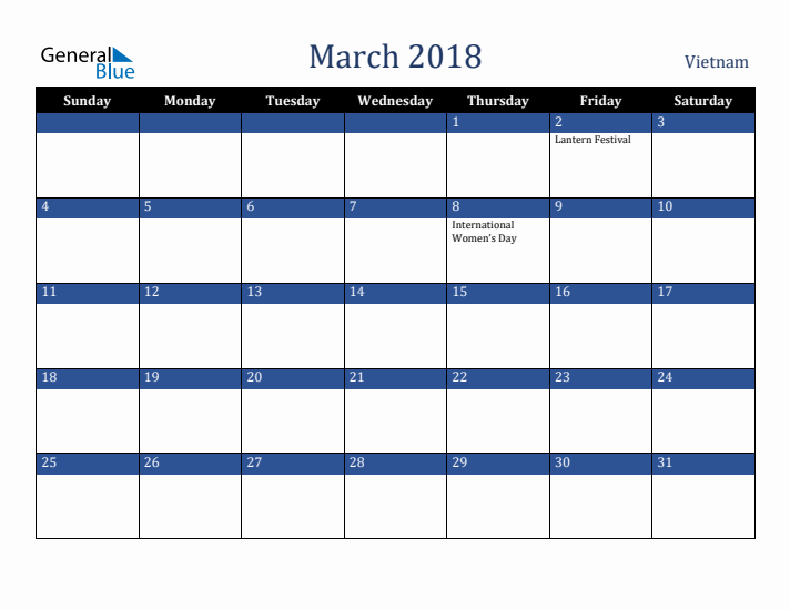 March 2018 Vietnam Calendar (Sunday Start)