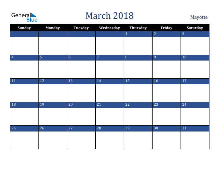 March 2018 Mayotte Calendar (Sunday Start)