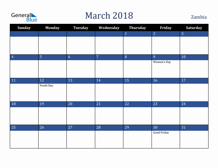 March 2018 Zambia Calendar (Sunday Start)