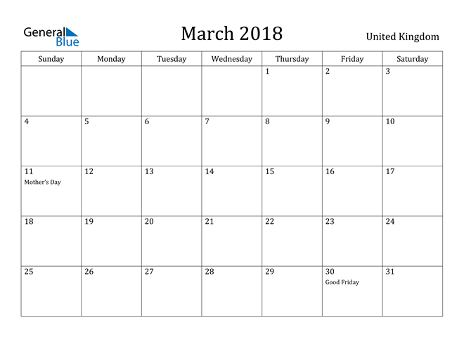 United Kingdom March 2018 Calendar With Holidays