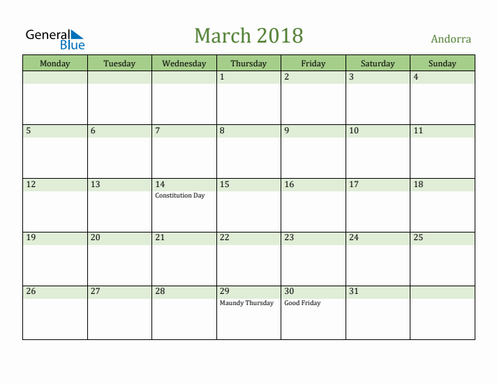 March 2018 Calendar with Andorra Holidays