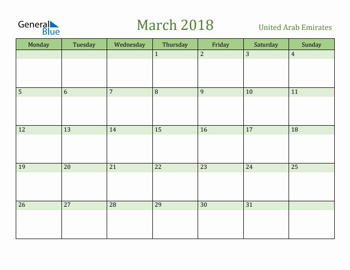 March 2018 Calendar with United Arab Emirates Holidays