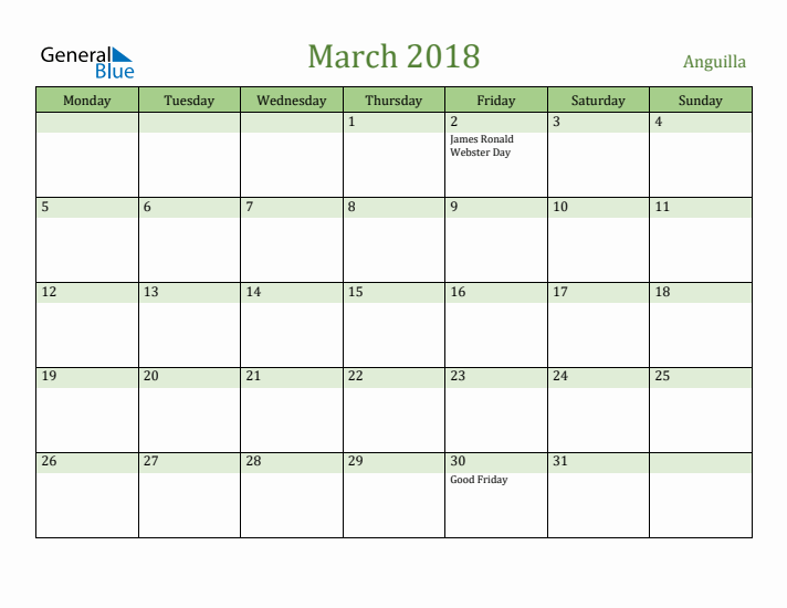 March 2018 Calendar with Anguilla Holidays
