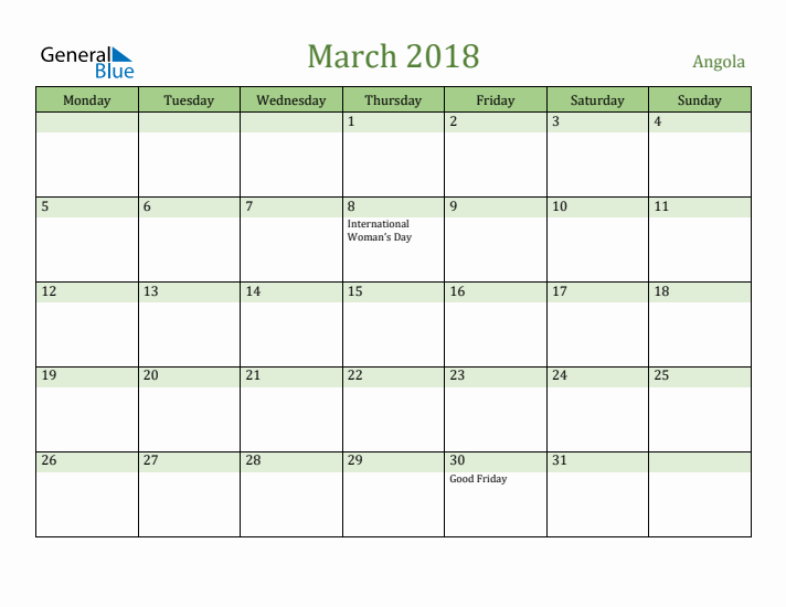 March 2018 Calendar with Angola Holidays