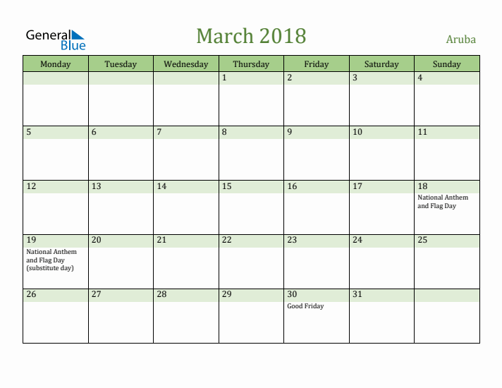 March 2018 Calendar with Aruba Holidays