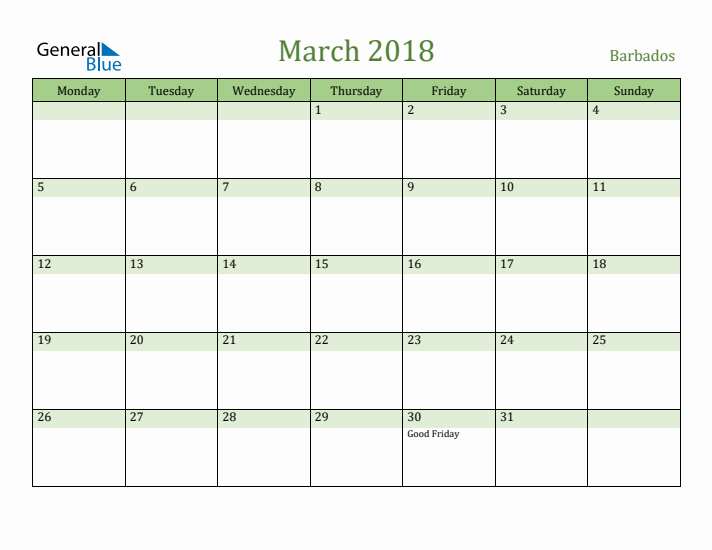 March 2018 Calendar with Barbados Holidays