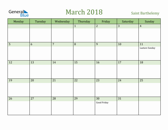 March 2018 Calendar with Saint Barthelemy Holidays