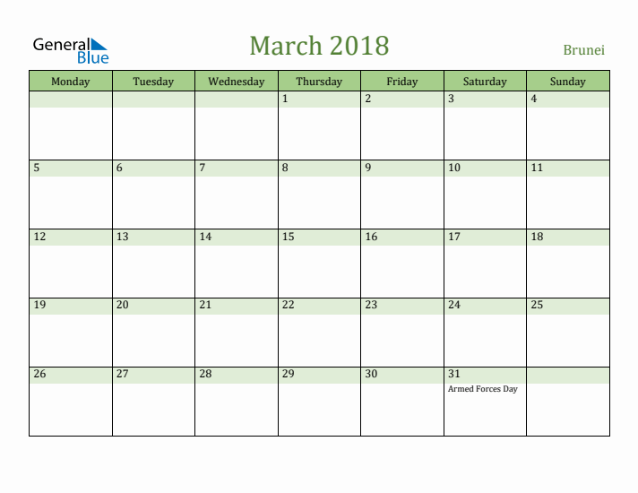 March 2018 Calendar with Brunei Holidays