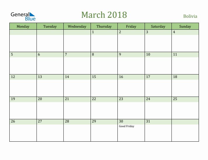 March 2018 Calendar with Bolivia Holidays