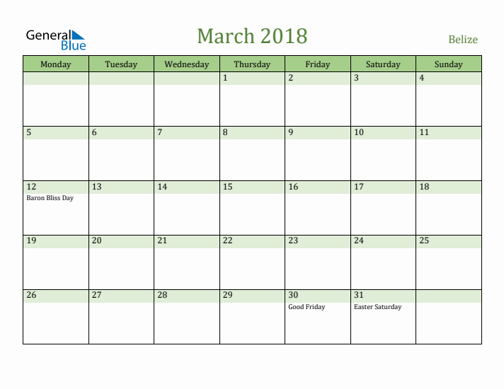 March 2018 Calendar with Belize Holidays