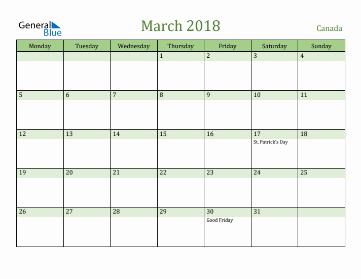 March 2018 Calendar with Canada Holidays