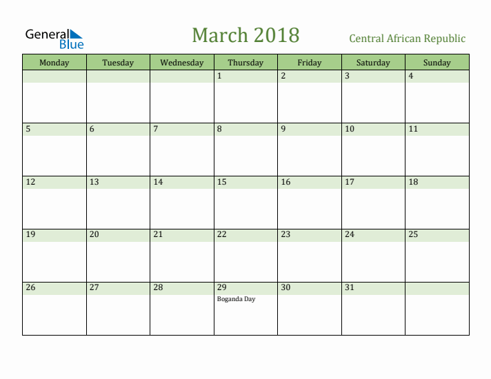 March 2018 Calendar with Central African Republic Holidays