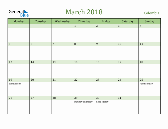 March 2018 Calendar with Colombia Holidays