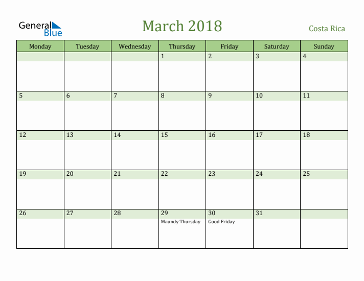 March 2018 Calendar with Costa Rica Holidays