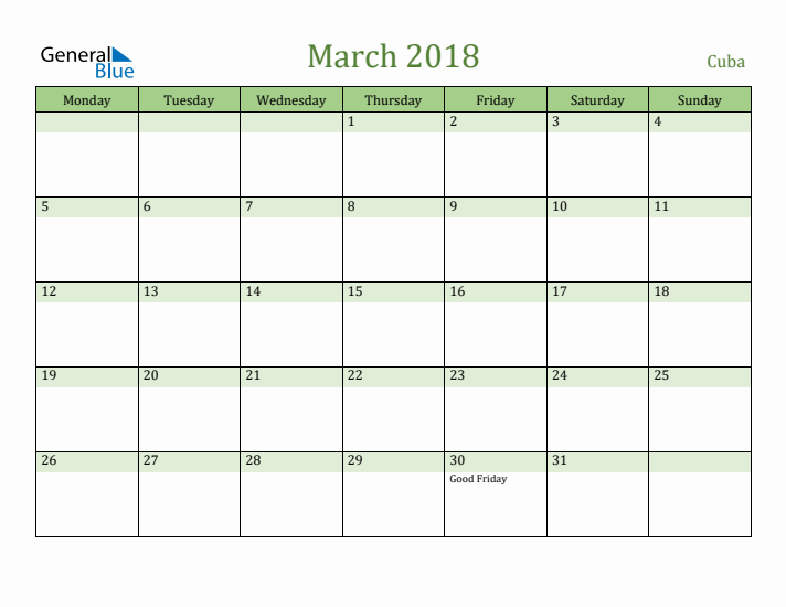 March 2018 Calendar with Cuba Holidays