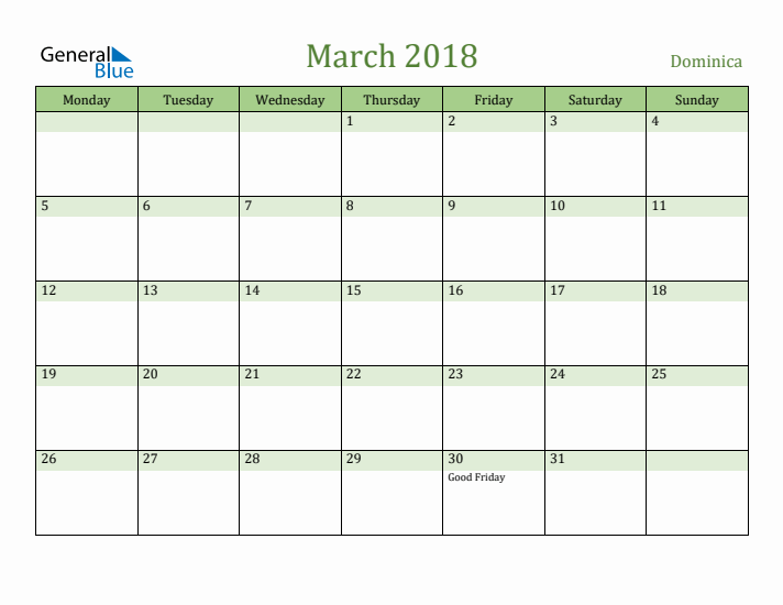 March 2018 Calendar with Dominica Holidays