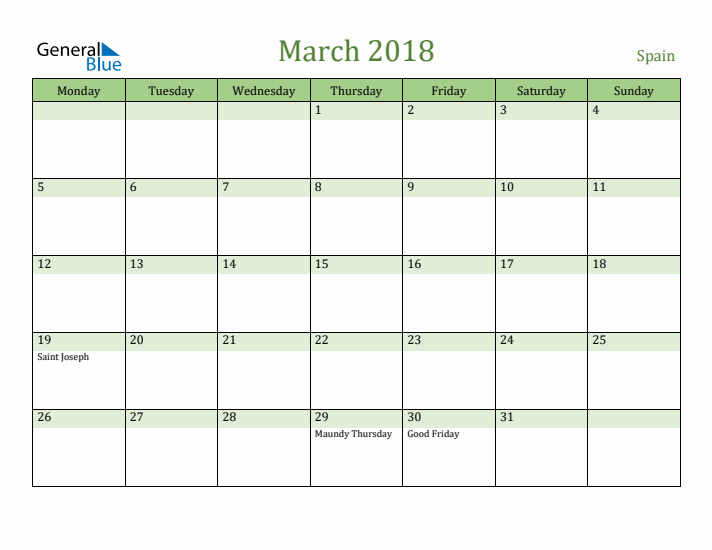 March 2018 Calendar with Spain Holidays