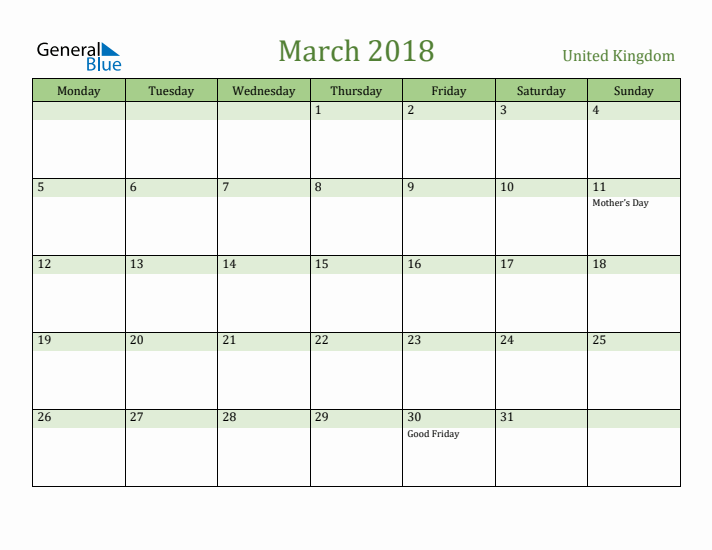 March 2018 Calendar with United Kingdom Holidays