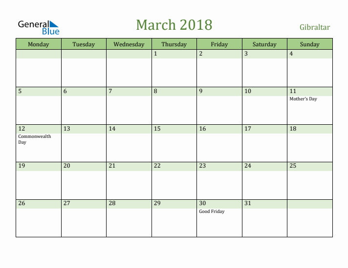 March 2018 Calendar with Gibraltar Holidays