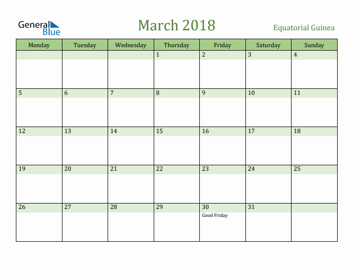 March 2018 Calendar with Equatorial Guinea Holidays