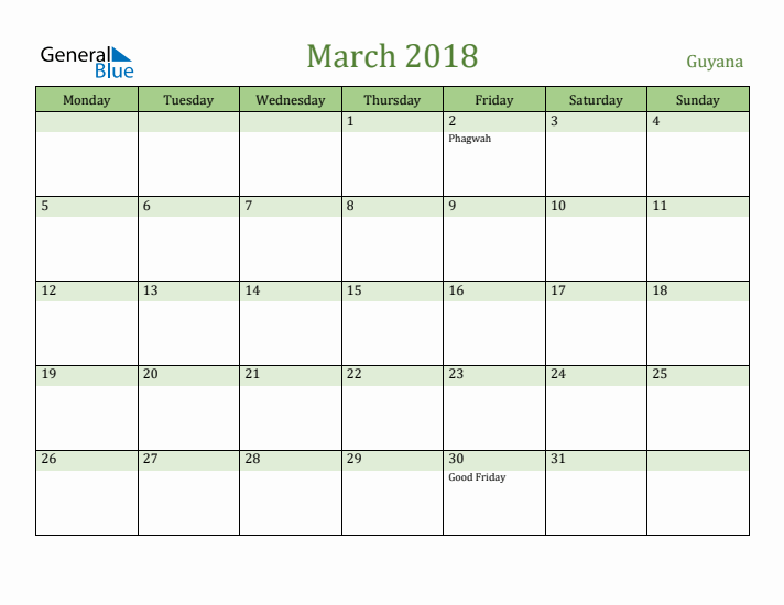 March 2018 Calendar with Guyana Holidays