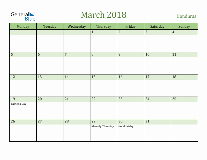March 2018 Calendar with Honduras Holidays