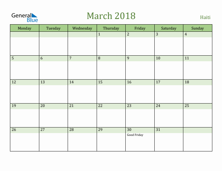 March 2018 Calendar with Haiti Holidays