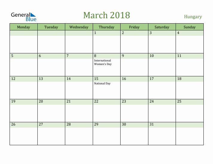 March 2018 Calendar with Hungary Holidays