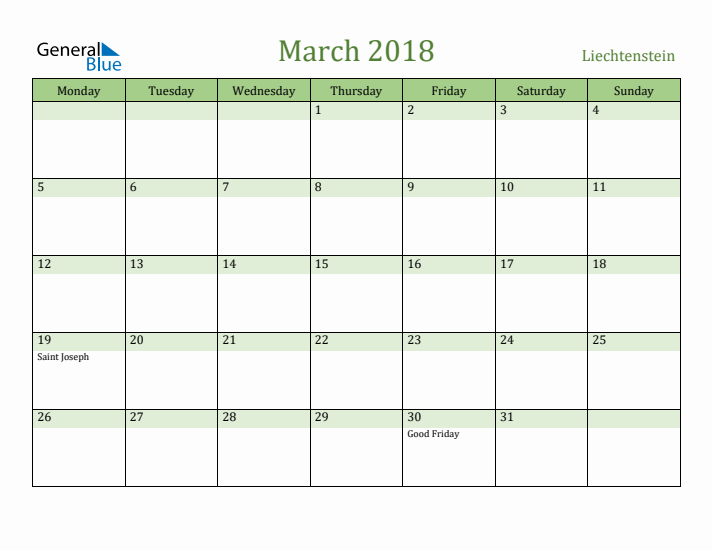 March 2018 Calendar with Liechtenstein Holidays