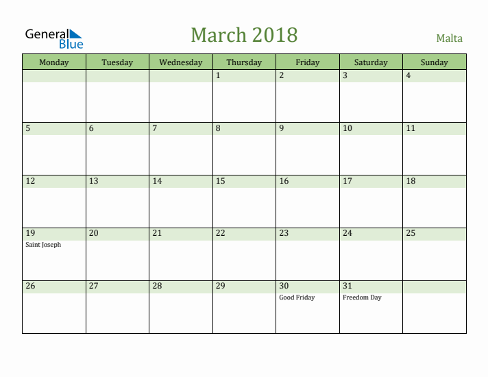 March 2018 Calendar with Malta Holidays