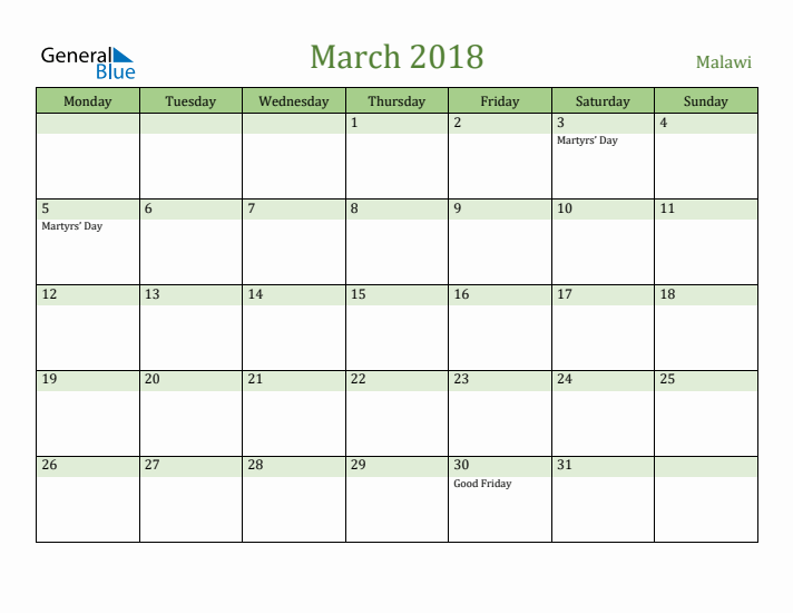 March 2018 Calendar with Malawi Holidays
