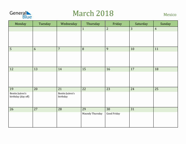 March 2018 Calendar with Mexico Holidays