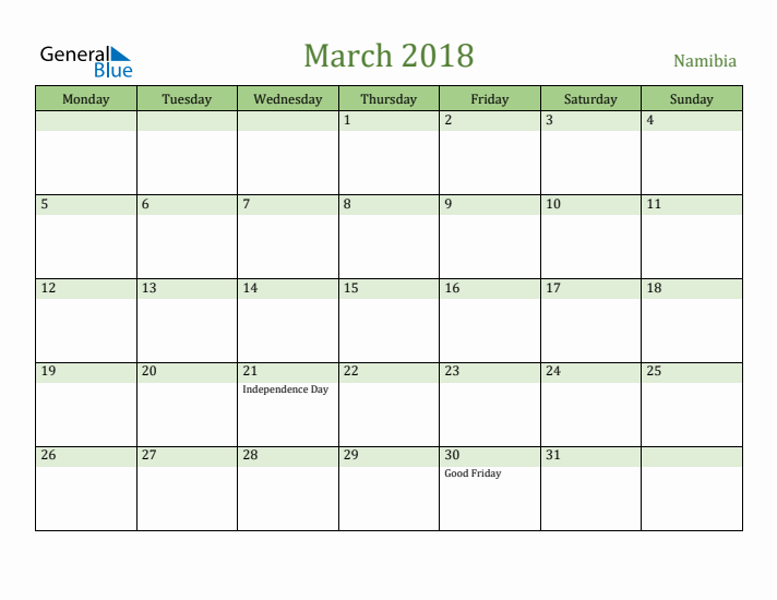 March 2018 Calendar with Namibia Holidays
