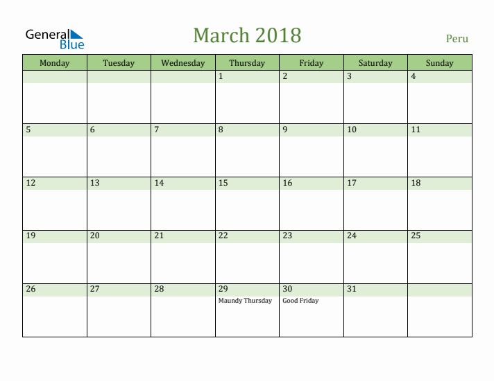March 2018 Calendar with Peru Holidays