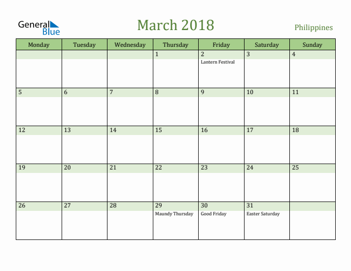 March 2018 Calendar with Philippines Holidays