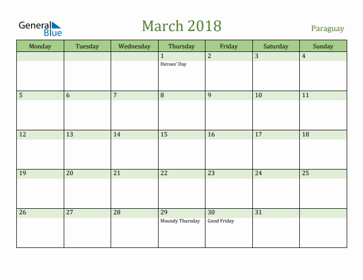 March 2018 Calendar with Paraguay Holidays