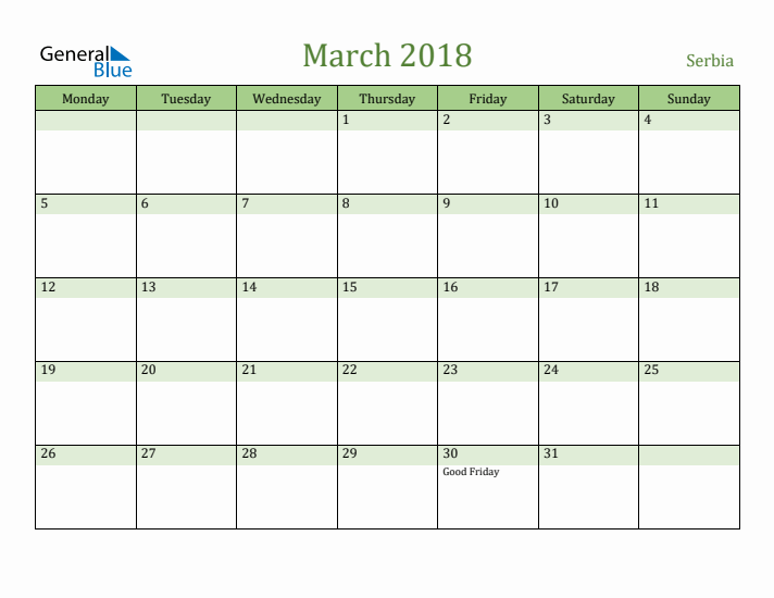March 2018 Calendar with Serbia Holidays