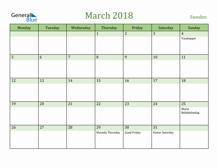March 2018 Calendar with Sweden Holidays