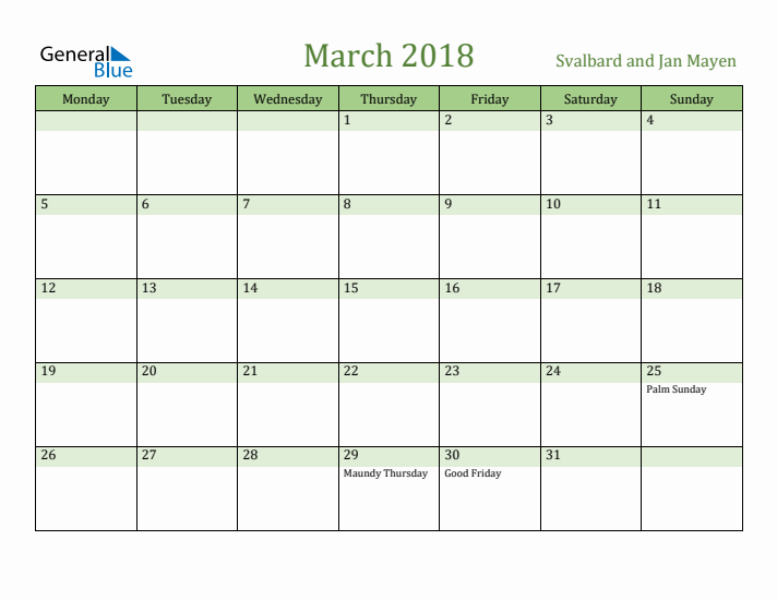 March 2018 Calendar with Svalbard and Jan Mayen Holidays