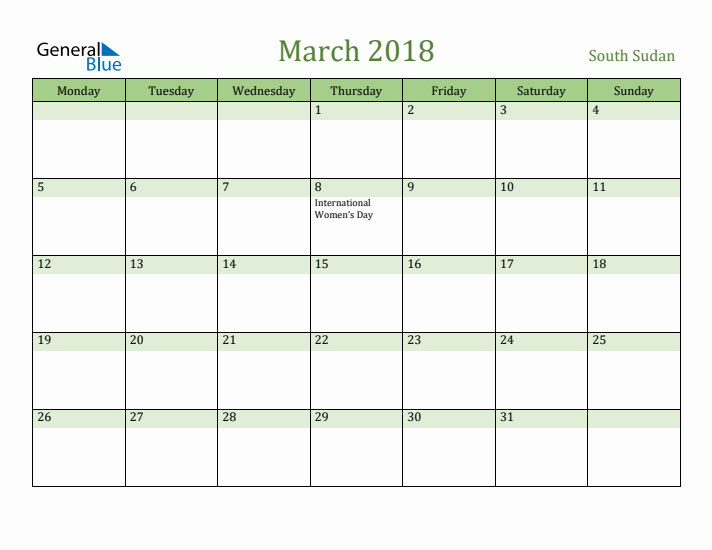 March 2018 Calendar with South Sudan Holidays