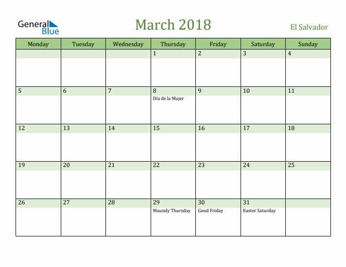 March 2018 Calendar with El Salvador Holidays