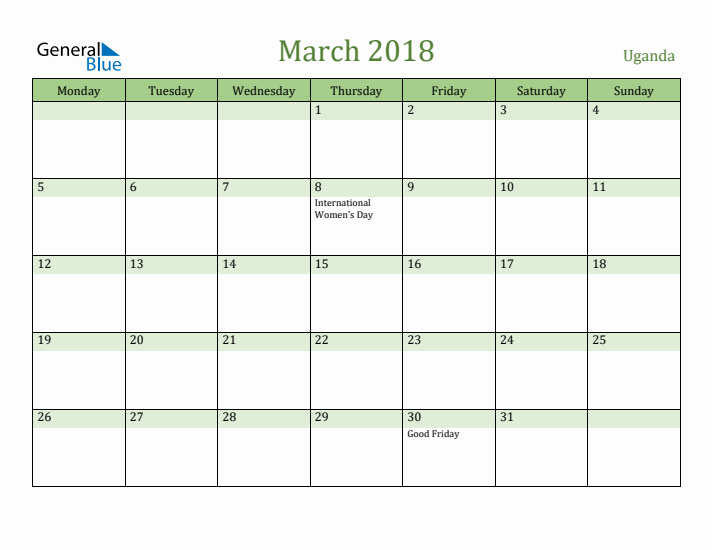 March 2018 Calendar with Uganda Holidays