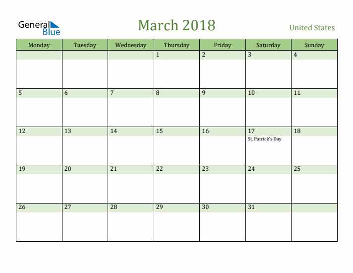 March 2018 Calendar with United States Holidays